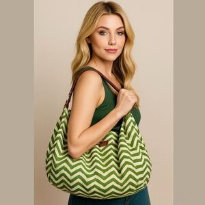 Halsea Dunes Bucket Bag Green Chevron Leather Trim Cotton Canvas Beach Chic Bag